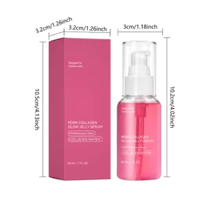 Detail view of PDRN collagen glow jelly serum bottle and box with size dimensions.