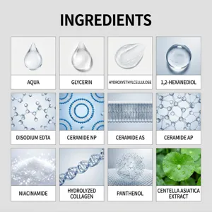 Gesichtsserum Inhaltsstoff Detailkarte mit Aqua, Glyzerin, Niacinamid und Pflanzenextrakten.