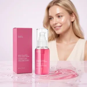 Detailed shot of pink PDRN collagen jelly serum bottle showing refreshing gel texture swatch.