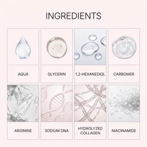 Skincare ingredients detail showcasing active gel essence components like collagen and niacinamide.