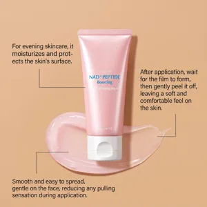 Close-up detail of a pink peel-off night mask tube and smooth cream swatch on soft background.