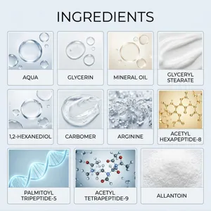 Vista detallada de ingredientes activos cosméticos de crema para cuello, fórmulas.