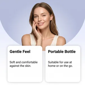 Détail de spray de soin doux montrant une sensation agréable et un design de flacon portable.