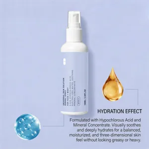 Vue détaillée du flacon pulvérisateur pour le visage et le corps, avec brume rafraîchissante.
