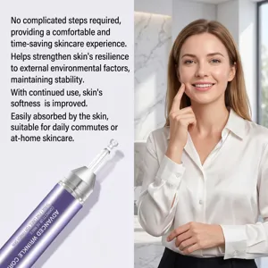 Detail shot of the advanced anti-wrinkle serum skincare essence with application benefits.