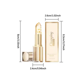 Goudfolie hydraterende lippenstift gedetailleerde weergave met transparante tube en afmetingen.