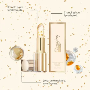 Gedetailleerd overzicht van de hydraterende en kleurveranderende lippenstift met textuur.