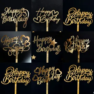 Adornos de torta feliz cumpleaños de acrílico dorado con estrella y corazón, fiesta.