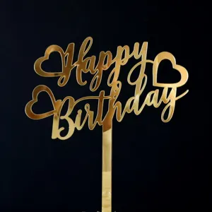 Adorno para tarta Happy Birthday de acrilico dorado con corazones para fiesta de cumpleanos.