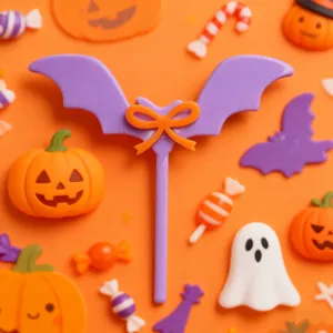 Halloween acrylic bat cake topper detailed view with cute pumpkin and ghost decorations.