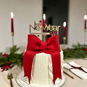Acrylic 2027 New Year cake topper with red bow and knit pattern cake decor party supplies