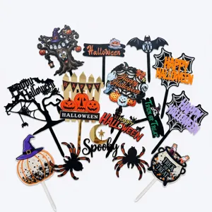Acrylic Halloween Cake Topper Ghost Pumpkin Bat Witch Spider Design Printed Dessert Topper Holiday Event Party Supplies Decoration