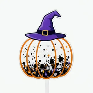 Halloween acrylic pumpkin witch hat cake topper, glitter shaker dessert decoration detail.
