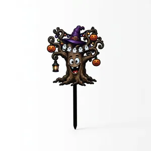 Halloween acrylic cake topper detail view, cartoon haunted tree design with witch hat and pumpkins.