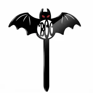 Black acrylic bat cake topper detail, glossy finish with monogram, Halloween party decor.