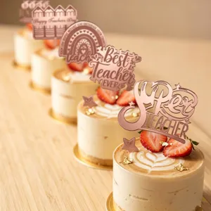 Ins Style Acrylic Cupcake Topper Mirror Rose Gold Festive Cake Decoration Hollow Engraved Letter Stand Ornament For Party Celebration