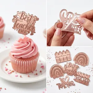 Rose Gold Acrylic Best Teacher Ever Cupcake Toppers Teacher Day Party Cake Decoration