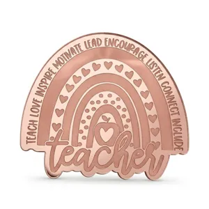 Rose gold acrylic teacher cake topper with rainbow heart apple design for cupcake decoration.