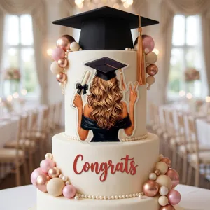 Decoración de tarta de graduación acrílico topper diseño espalda elegante sombrero negro