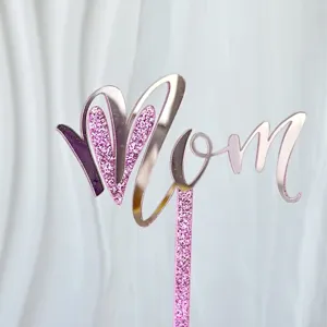 Cake topper Mamma in acrilico glitterato rosa per decorazione torta festa della mamma.