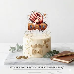 Dettaglio ravvicinato del topper per torta in acrilico per la festa del papà con grafica.