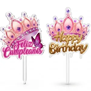 Acrylic Birthday Cake Toppers Crown Butterfly Design Happy Birthday Party Decor Supplies