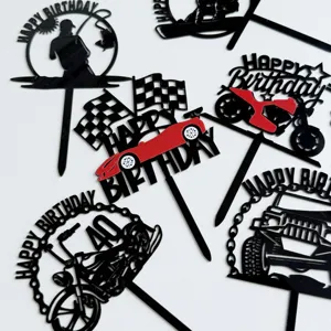 Detalles de adorno de pastel de cumpleaños de coche de moto de acrílico negro.