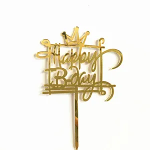 Goldenes Acryl Happy Bday Krone Kuchenaufsatz, glänzende Spiegel Geburtstag Tortendeko.