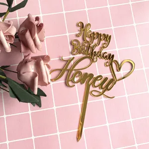 Χρυσό ακρυλικό topper τούρτας Happy Birthday Honey με σχέδιο καρδιάς για πάρτι.