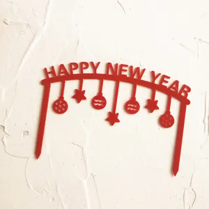 Red acrylic Happy New Year cake topper detail view, arch shape hanging ornament for cakes.