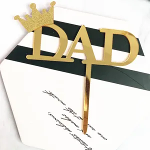 Gold acrylic DAD cake topper with crown decoration, perfect for Father's Day party.