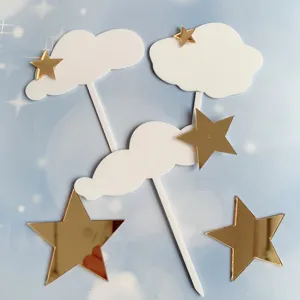 Acrylic cloud and gold star cake topper set for kids birthday party dessert table decorations.