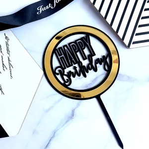 Décoration de gâteau d'anniversaire en acrylique noir et or, design rond double couche fête.