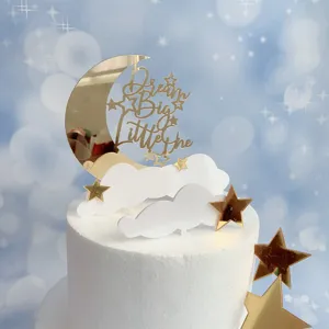 Acrylic cake topper set with golden moon, white clouds, and stars for birthday party decor.