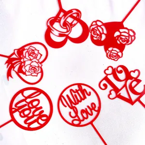 Red acrylic cake topper detail showing romantic rose heart and love letter design options.