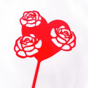 Red acrylic heart rose cake topper for Valentine's day party dessert decoration.