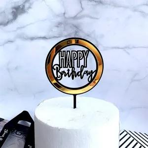 Décoration de gâteau Joyeux Anniversaire en acrylique or et noir vue détaillée
