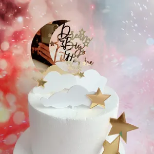 Acrylic moon cloud star cake topper set, gold and white party decoration details for birthday.