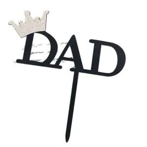 Black DAD acrylic cake topper with silver glitter crown for Father's Day party baking decor.