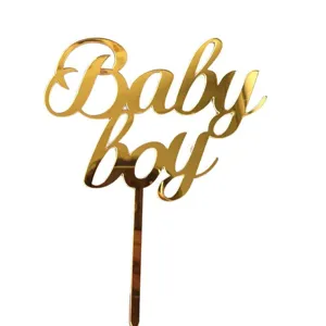 Adorno de tarta Baby boy de acrílico espejo dorado para fiesta de cumpleaños de bebé.