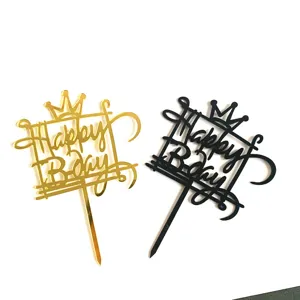 Acryl Geburtstag Tortenaufsatz Krone Happy Bday Party Dekoration Gold Schwarz 2Stk Set