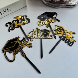 Black gold acrylic 2026 graduation cake toppers set for celebration party decoration.