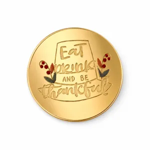 Decorazione torta Thanksgiving acrilico oro rotondo inciso eat drink and be thankful dettaglio