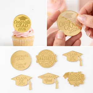 Abschlussklasse 2026 Glückwunsch Cupcake-Topper Gold Spiegel Acryl Abschlussfeier Tortendekoration Laser-Gravierte Diplomhaube Disc