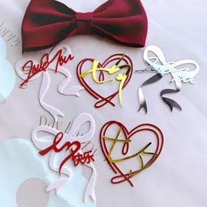 Valentine acrylic cake topper bow heart design for romantic festival party dessert decor.