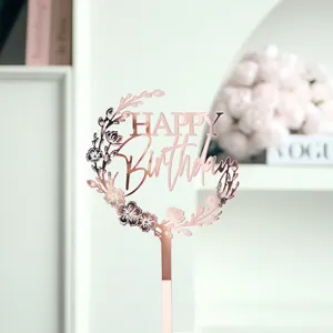 Décoration de gâteau happy birthday en acrylique or rose avec couronne florale