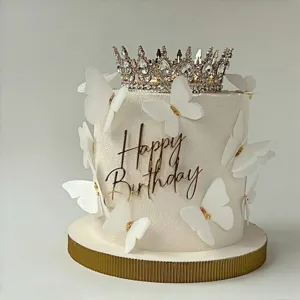 Ensemble de décoration de gâteau couronne dorée et papillons blancs pour fête d'anniversaire