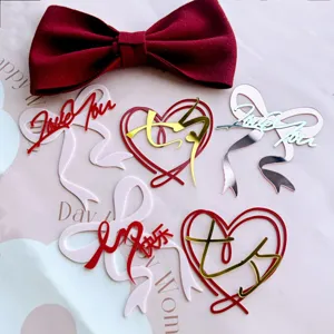 Valentine's Day acrylic cake topper set, heart and bow design with sweet messages for dessert decor.