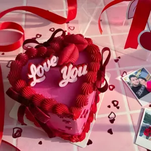 Vista detallada de tarta en forma de corazón con labios rojos y adorno acrílico Love You.