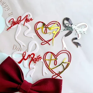 Acrylic Valentine Day cake toppers with bow and heart design, perfect for romantic party decor.